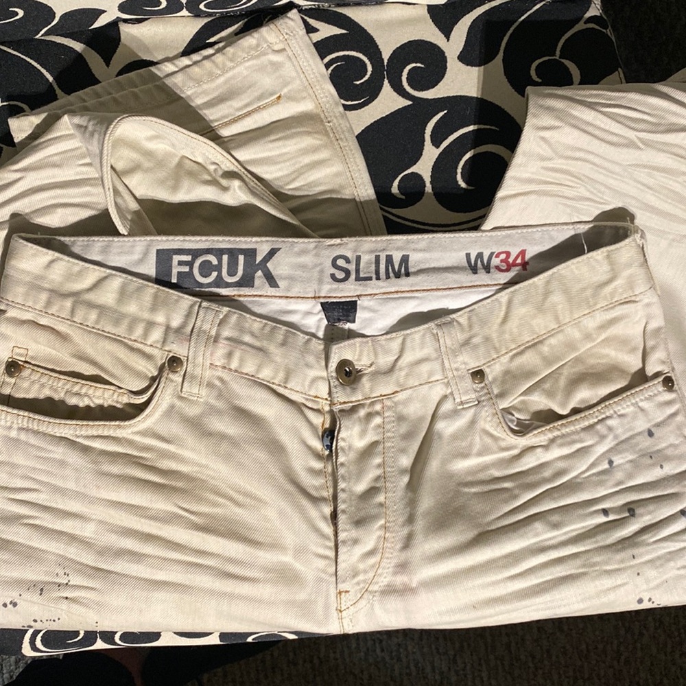 FCUK slim 34” x 34” cream denim button fly vintage worn look